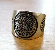 Handcrafted Solid 925 Sterling Silver Men&#39;s Aztec / Mayan Calendar Ring - £25.95 GBP+