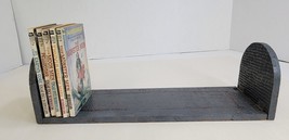 Vintage Wooden Shelf Book Holder Tabletop Blue Handmade Carved Ends Prim... - $32.68