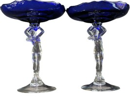 1940&#39;s Cambridge Nude Stem Cobalt Blue Compote Pair 8.25&quot; x 6 5/8&quot; - $475.20