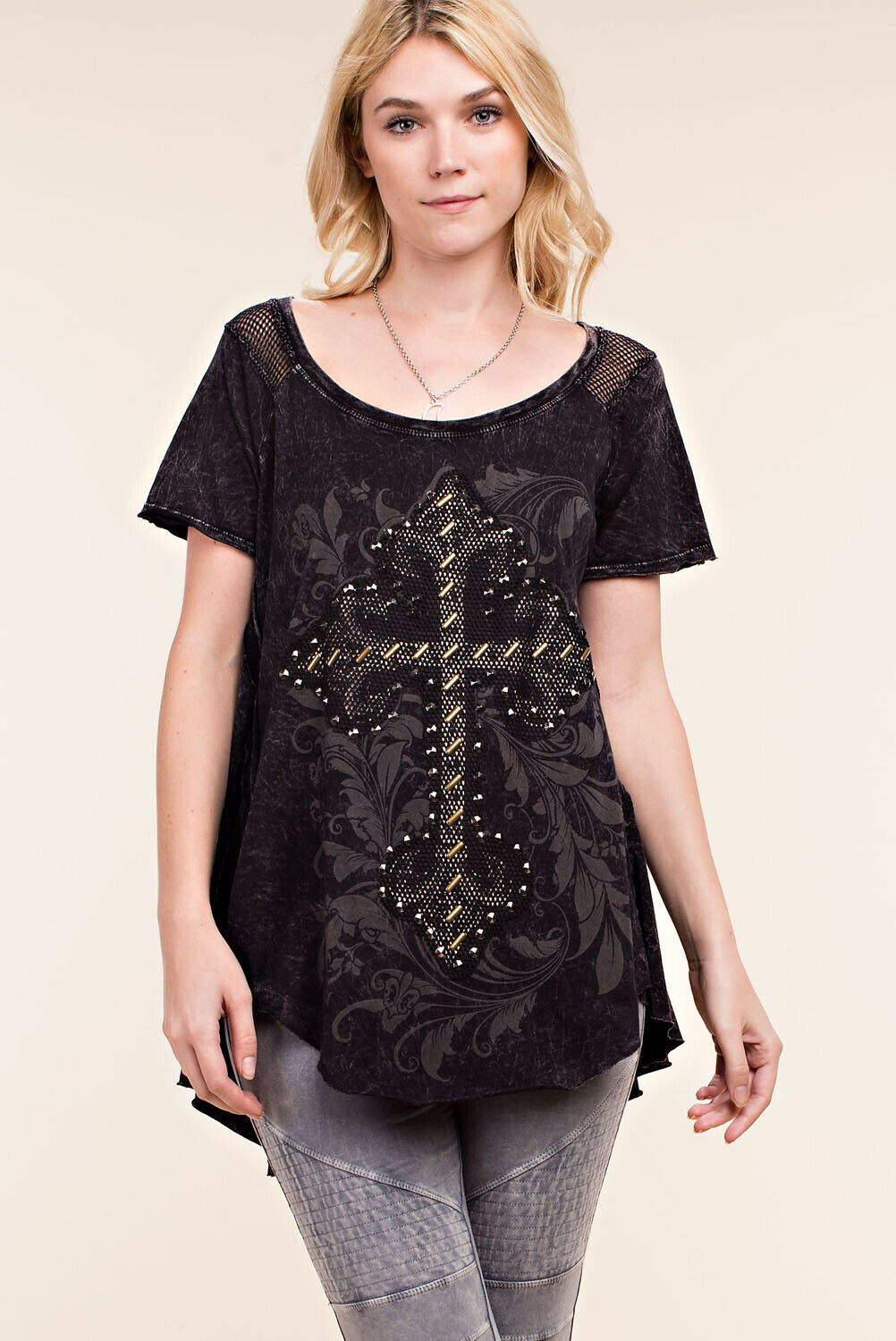 Primary image for Classic Long Black Tee with Studded Cross by Vocal  Apparel S, M, L, USA