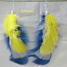 Navy Grey Yellow Fluffy Feather Earrings SS - £11.59 GBP