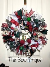 Top Hat Snowman Christmas Ribbon Door Prelit Wreath Handmade 22 ins LED W66 - $95.00