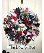 Top Hat Snowman Christmas Ribbon Door Prelit Wreath Handmade 22 ins LED W66 - £74.70 GBP