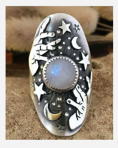 Silver Moonstone Stars And Moon Ring Size 6 7 8 9 10 11 12 13 - £31.49 GBP