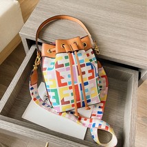 Classic Letter Printed Female Bucket Bag Retro Canvas + PU Leather Stitching Lad - £31.78 GBP