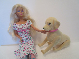 Barbie Pet Dog Taffy Tanner Bobblehead Fuzzy Flocked Yellow Lab &amp; Food Bowl - £5.46 GBP