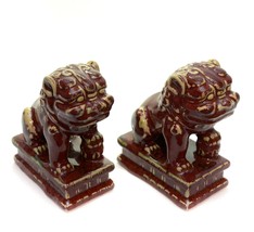 Pair Chinese Foo Dogs Lions Red Ceramic Statue  6&quot; H Vintage  - $74.22