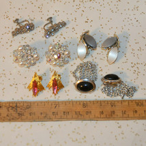 Vintage jewelry lot clip Earrings thermoset silver chain black pink rhinestone - $39.59