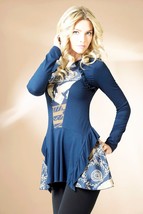 PARTY BLOUSE STRETCH EUROPEAN TUNIC BLUE LONG SLEEVE COCKTAIL TOP - £46.41 GBP