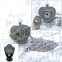 Women Pendant Watch Pocket Watch Silver Color Heart Design Brass Quartz ... - £15.62 GBP