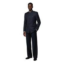 Mens APOLLO KING Banded Collarless suit Chinese Mandarin Wide leg AG92 navy blue image 4