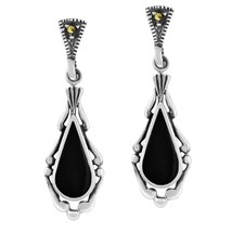 Art Deco Teardrops Black Onyx Marcasite and Sterling Silver Dangle Earrings - £15.57 GBP