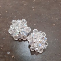 Vintage AB Aurora Borealis Crystal Cluster Clip-On Earrings  Sparkly Beaded - £7.92 GBP