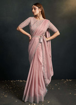 Beautiful Blueh Pink Sequence Embroidery Wedding Saree - £91.81 GBP