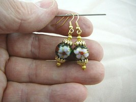 (EE600-383) 12mm Black flower CLOISONNE beaded + capped dangle EARRINGS Jewelry - £14.18 GBP