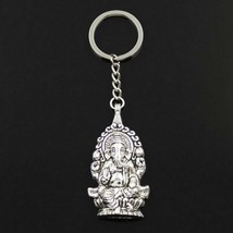 Ganesha Keychain Hindu Elephant God Silver Tone Metal Charm Key Chain Ring New - £5.55 GBP