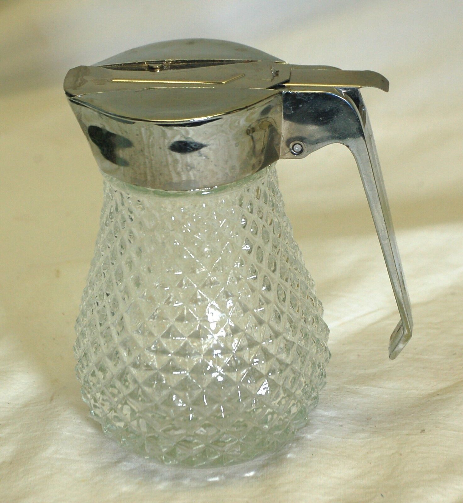 Syrup Dispenser Bottle Diamond Pattern Clear Glass Metal Top - $16.82