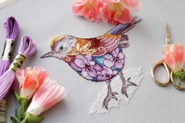 Purple Bird cross stitch watercolor pattern pdf - Floral cross stitch little  - £7.98 GBP