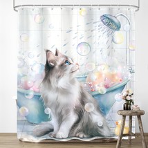 Kids Funny Cat Shower Curtain 60Wx72H Inches Cute Cartoon Kitten Animal Bathing  - $27.99