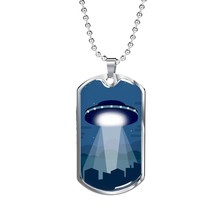 UFO Fan Alien Spaceship Necklace Stainless Steel or 18k Gold Dog Tag 24&quot; Chain - £37.31 GBP+