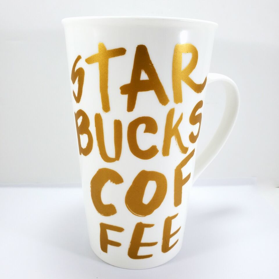 Starbucks Tall Coffee Mug 16 oz White Gold Lettering Starbucks Coffee 2015 - $16.00