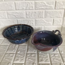 Lot Of 2 Glazed Pottery 9” Serving Bowl Earth Tones &amp; Signed 7” Pouring Bowl - £25.54 GBP