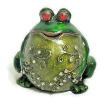 Green Frog Enamel Brass Trinket Ring Jewelry Storage Box Red Rhinestones - $24.99