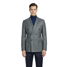 Men's Mono Double Breasted Blazer Super 180s Wool 1523-01 Gray Blue Plaid image 8