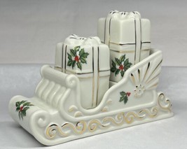 Porcelain Sleigh Salt &amp; Pepper Shakers Baum Bros Formalities Holly Collection - £9.96 GBP