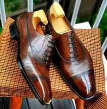 New Handmade Men&#39;s Brown Leather Oxford Chiseled Cap Toe Dress Formal Shoes - £102.63 GBP+