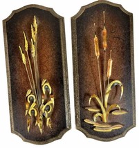 2 Vintage Home Interiors Metal Cattails &amp; Wheat Plaques Wall Art Homco M... - £25.68 GBP
