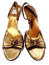 Barefoot Originals Italy METALLIC GOLD Leather Bow Slingback Heel Pump 8... - $39.99