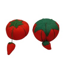 Red Set of 2 Tomato Pin Cushions with Strawberry Hanging From Top Vintage - $12.16