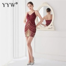 Short Sequin Dress Red New Year Dress Sleeveless Suspender A Line Knee Length Ev - £99.98 GBP