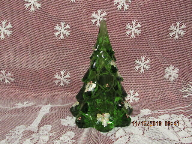 FENTON ART GLASS  7.25" EMERALD GREEN CHRISTMAS TREE W/HOLLY BERRIES - $135.00