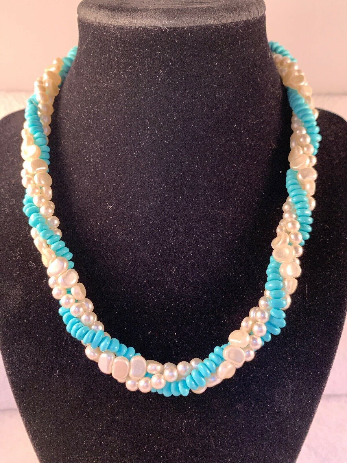 Vintage 18” Aqua And White Beaded Rope Necklace - £11.96 GBP