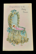 1950s New Baby Girl Card Baby Sleeping in Ruffled Bassinet Sparkly Vinta... - $4.88