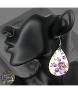 Womens White Purple Floral Faux Leather Teardrop Shaped French Hook Earr... - $10.98 CAD