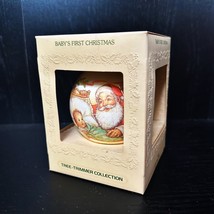 Hallmark White Satin Ball Ornament Baby&#39;s First Christmas 1980 Santa Vin... - £22.63 GBP