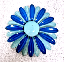 Vintage Funky Hip Large Blue Turquoise Enamel Metal Flower Brooch Pin 3"... - $19.80