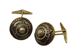 Vintage Damascene Pearl Gold &amp; Black Hinged Cufflinks Pair Midcentury Spain - $362.91 MXN