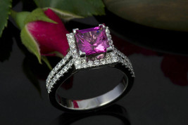 Bague de fiançailles halo de diamants roses taille princesse de 1,50 ct en... - £102.55 GBP