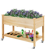 Raised Garden Bed Wood Elevated Planter Bed W/Lockable Wheels Shelf &amp; Liner - £170.35 GBP