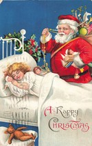 Red Suit SANTA-BAG Of TOYS-CHILD SLEEPS-TEDDY BEAR~1908 Happy Christmas Postcard - £8.78 GBP