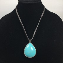 Fossil Silver Tone Blue Pendant Necklace ~ 20&quot; Black Leather Cord - £15.15 GBP