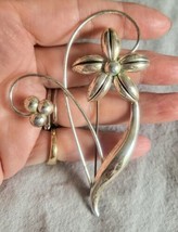 Vintage Large 925 STERLING BY JORDAN Large Flower 1940s Brooch Pin - $24.99