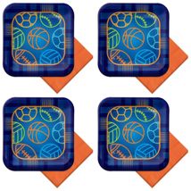 Birthday Baller Multi Sports Party Blue Square Paper Dessert Plates and ... - £10.61 GBP