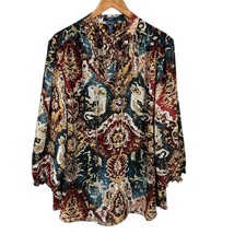 Chaps Blouse Top Womens 3X Multicolor Printed Sheer Balloon Sleeve V-Nec... - £19.53 GBP