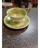 Vtg Coalport Chartreuse Gold Gilt Orchid Iris Pattern Floral Tea Cup Saucer - $27.12 CAD
