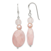 Silver Polished Rose Quartz &amp; Pink FWC Pearl Dangle Earrings QE5945 - $37.77